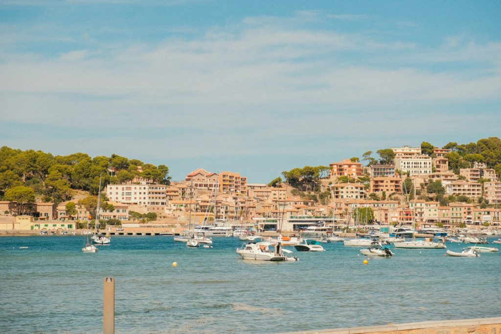 Boats in a harbor with a town on the hill.